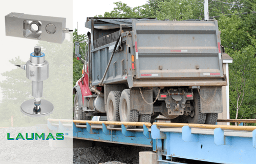 An image of a truck on a weigh station highlights an industrial application for load cells, exemplified by the images of a single point load cell and a foot load cell by Laumas.