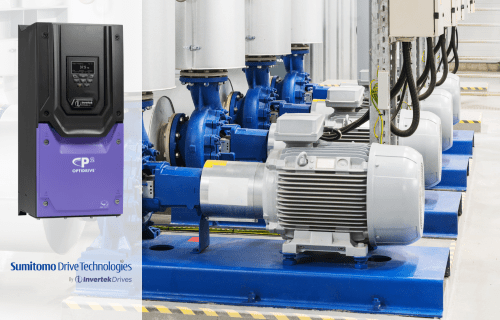 The image features a purple and black cased variable speed drive, the Invertek Optidrive P2, sitting infront of a background of large electric water pumps.