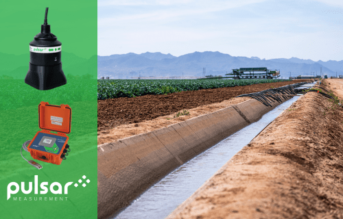 There is an agricultural irrigation channel with a low level of water flowing through farm land. Adjacent to the image of the channel is two open channel flow meter devices, the pulsar measurement mantaray and farsight transducer. These devices can be used to determine the flow rate of water passing through this channel.