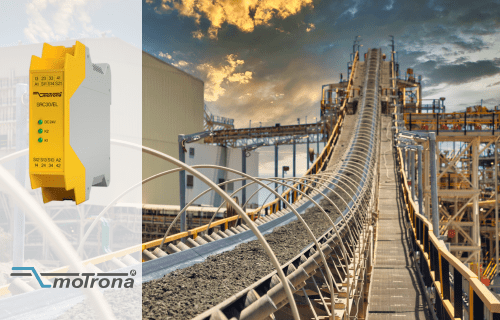 the image features the Motrona SRC30/EL safety relay beside a large industrial conveyor to highlight it's industrial safety application usage.