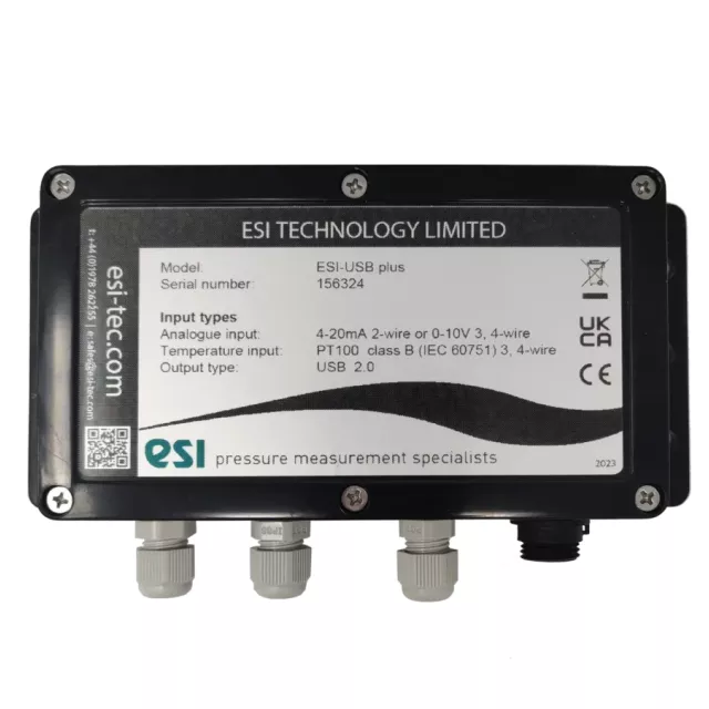 ESI Technology ESI-USB Plus digital interface box showing analogue, PT100 temperature inputs, and cable glands