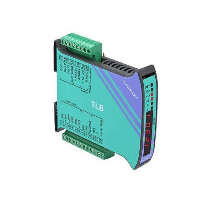 din rail mounted load cell transmitter housed with a small green casing with front display Laumas TLB 1 Channel Load Cell Transmitter - Analog Output